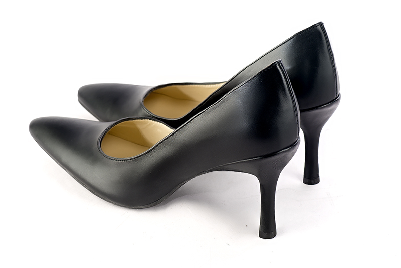 Satin black women's dress pumps,with a square neckline. Tapered toe. High slim heel. Rear view - Florence KOOIJMAN